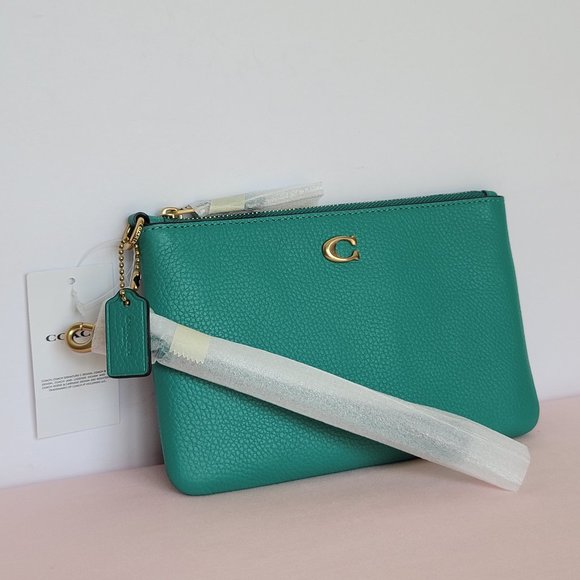 COACH Small Wristlet in Polished Pebbled Leather -Bright Green Color - Picture 2 of 16
